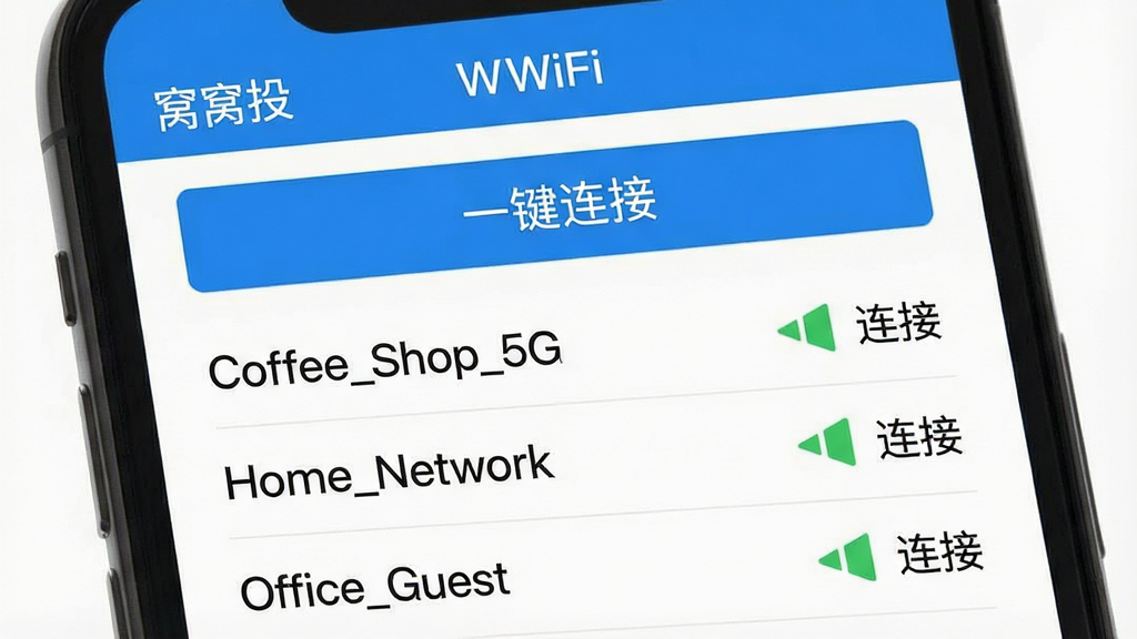 һ���ֻ������ͼ��ʽ�����ͼ����Ļ����ʾ��������Ͷ����WiFi�б�ҳ�棬�б��Ϸ���һ����Ŀ����ɫ��һ�����ӡ���ť���·��г�����WiFi���Ʒֱ�Ϊ��Coffee_Shop_5G������Home_Network������Office_Guest����ÿ�������Ҳ�����ɫ�ź�ͼ��͡����ӡ��������������ƽ����ƣ���ɫ��Ϊ���ף����������ɾ����޶���Ԫ��