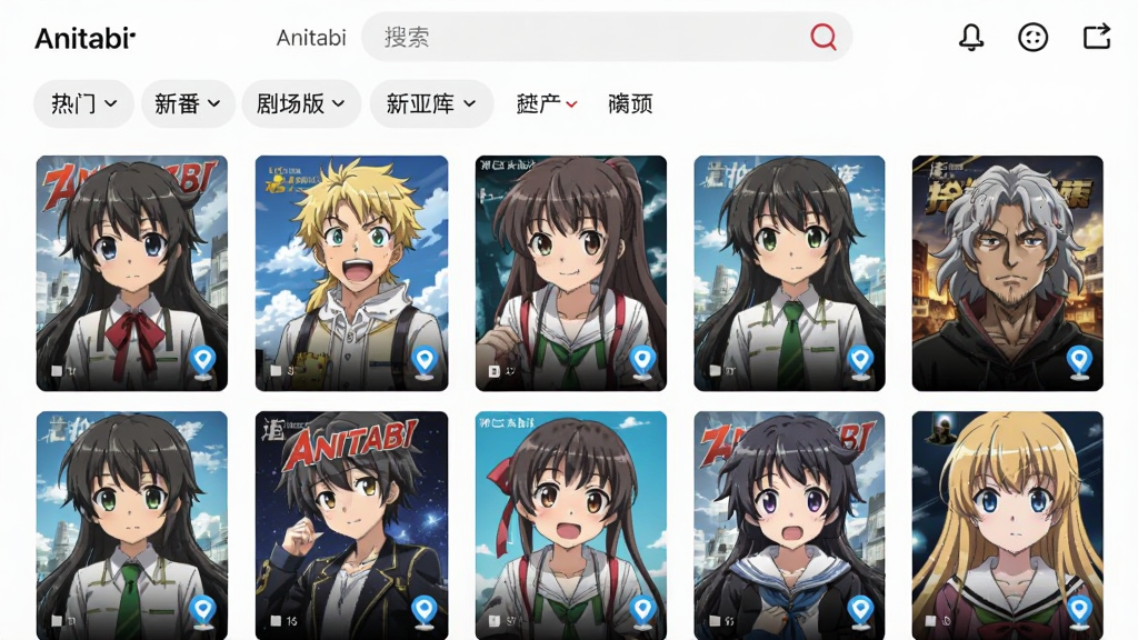 一张Anitabi应用内“番剧库”页面的截图,界面以网格形式展示多部动漫封面,每部封面右下角都有一个小地标图标。顶部有搜索框和分类筛选标签,如“热门”、“新番”、“剧场版”等。整体布局整齐,色彩鲜艳,现代扁平化设计风格,细节丰富,画质干净。