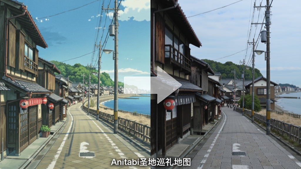 一幅分屏对比图,左侧是知名动画电影中出现的日本镰仓海边街道的经典场景,右侧是同一地点的现实照片,中间用半透明的箭头连接。图片下方有一行小字标注“Anitabi圣地巡礼地图”。整体风格写实,光线自然,构图清晰,画质干净无多余元素。