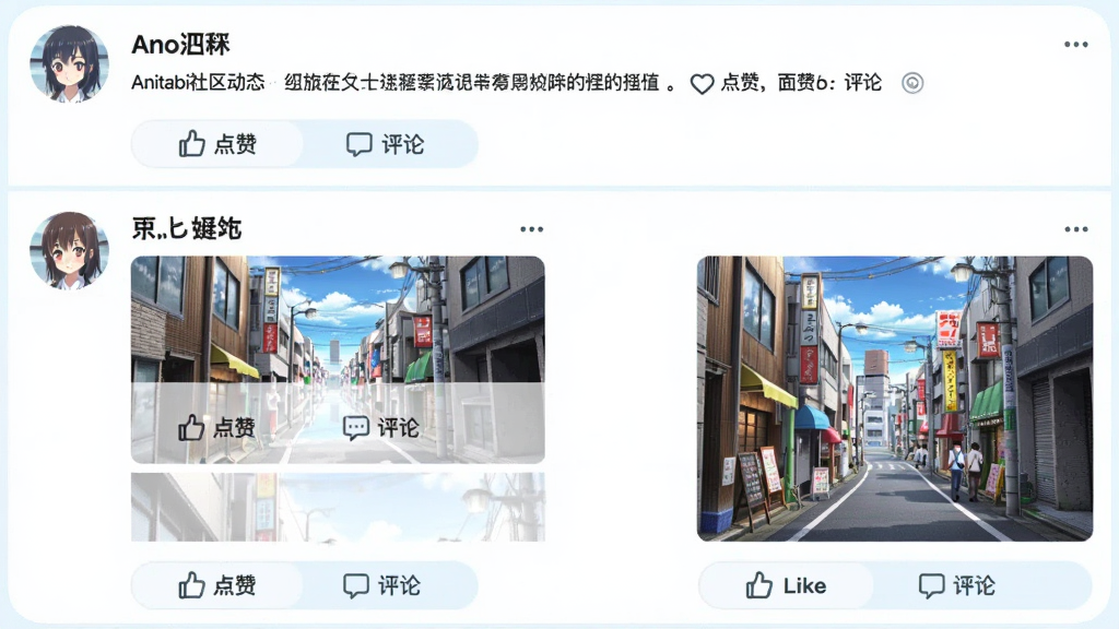 一张Anitabi社区动态的列表截图,每条动态由用户头像、昵称、照片和文字描述组成。照片拍摄的是东京某处街景,与动漫背景相似。动态下方有“点赞”、“评论”按钮,整体界面风格清新,色调以白色和浅蓝为主,排版疏密得当,画质高清,无多余元素。