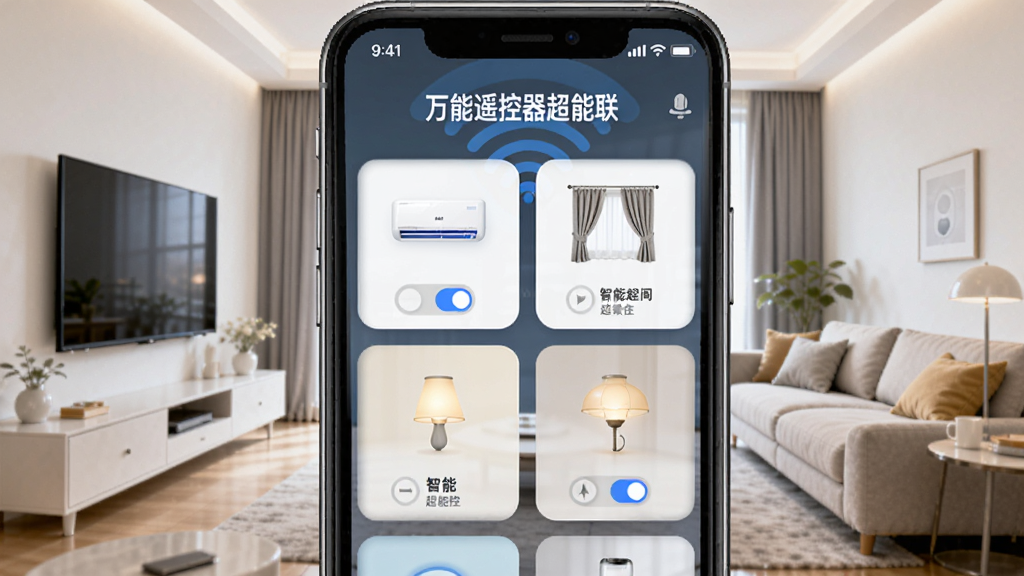 չʾ����ң������������WiFi�ǿؽ��棬�ֻ���Ļ���ж�������豸��Ƭ���������ӡ��յ����������ƹ⣬ÿ����Ƭ�п���ͼ�꣬����Ϊ�ִ����ܼҾӿ�����ɫ����������������������Լ�����֡�����ң�������������������ֻ���Ļ������