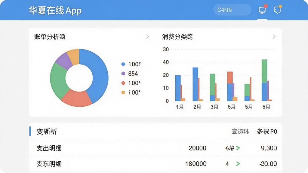 չʾ��������App���˵�����ҳ�棬��ɫ��״ͼ����״ͼչʾ���ѷ��࣬�·���֧����ϸ�б��������������ִ���ƽ��񣬻��ʸɾ��޶���Ԫ��