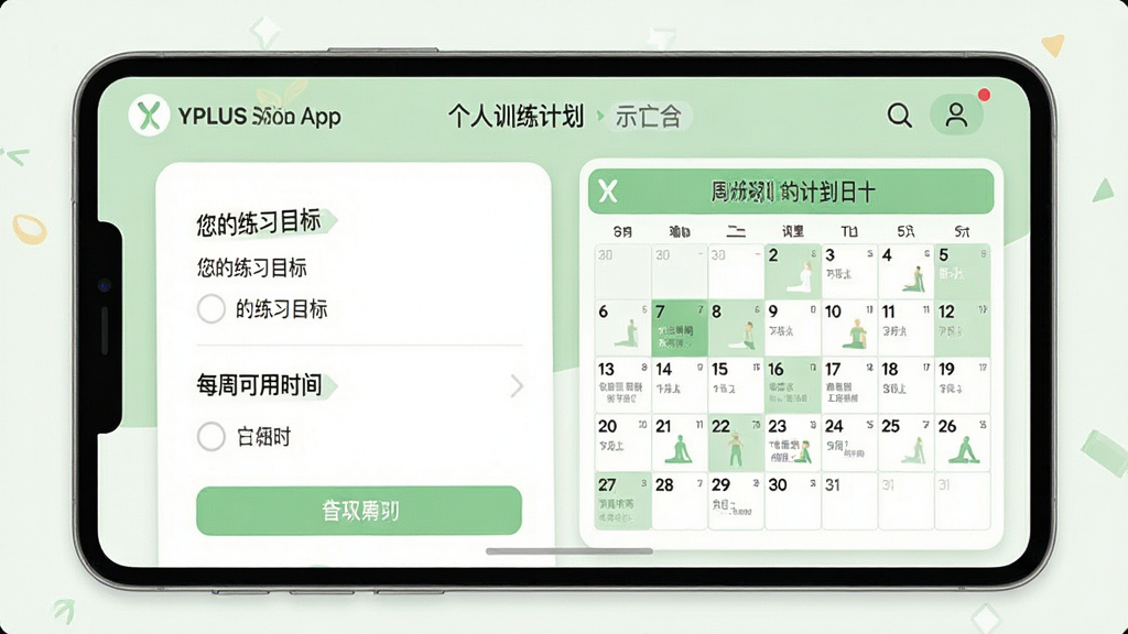 һ��YPLUS�٤App�ƶ�����ѵ���ƻ��Ľ���ʾ��ͼ������������ʾһ�������ʾ�������������������ϰĿ�ꡱ�͡�ÿ�ܿ���ʱ�䡱ѡ��Ҳ�Ԥ�����ɵ��ܼƻ�����������UI��Ʊ�ƽ������ɫ��Ϊǳ�����ɫ�����רҵ���׺ͣ����ʸɾ����޶���Ԫ�ء�