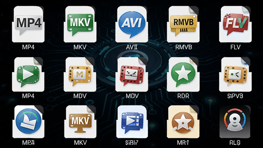 �����Ʋ�����Ӧ�ý���չʾ��֧�ֵĶ�����Ƶ��ʽͼ�꣬����MP4��MKV��AVI��RMVB��FLV�ȣ�ͼ���������룬����Ϊ��ɫ�Ƽ��У�ÿ��ͼ���·��ж�Ӧ��ʽ���ƣ����������ִ������廭�ʣ��ɾ��޶���Ԫ�ء�