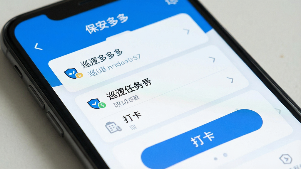 一张智能手机屏幕的特写,屏幕内显示“保安多多”APP的简洁主界面,包含清晰的巡逻任务列表和打卡按钮,界面以蓝白为主色调,风格现代扁平,画质干净无多余元素