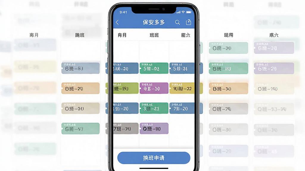 一张手机界面截图,展示“保安多多”的排班日历,不同班次用不同颜色标注,底部有换班申请按钮,界面清晰直观,风格清新简洁,画质干净
