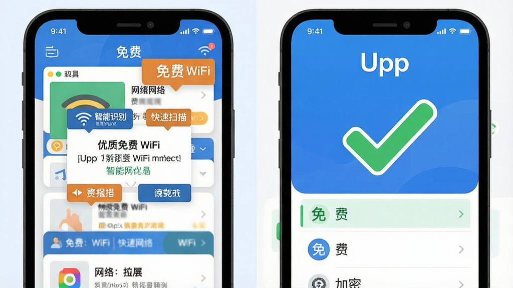 一张对比图风格的插画,左侧是其他WiFi连接工具,界面复杂且布满广告弹窗,右侧是“Upp”应用,界面干净清爽,用醒目的绿色对勾标记出当前可连接的优质免费WiFi,并用列表形式清晰区分“免费”和“加密”网络,整体风格扁平化,色彩鲜明,突出Upp在智能识别和快速扫描上的优势,画质干净,无多余元素。