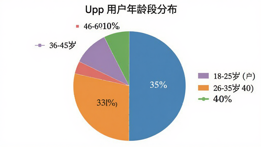 一张饼状图,标题为“Upp 用户年龄段分布”,图中显示18-25岁用户占35%,26-35岁用户占40%,36-45岁用户占15%,46-60岁用户占10%,不同年龄段用不同颜色表示,图例清晰,整体风格简洁大方,数据可视化效果直观,画质干净,无多余元素。