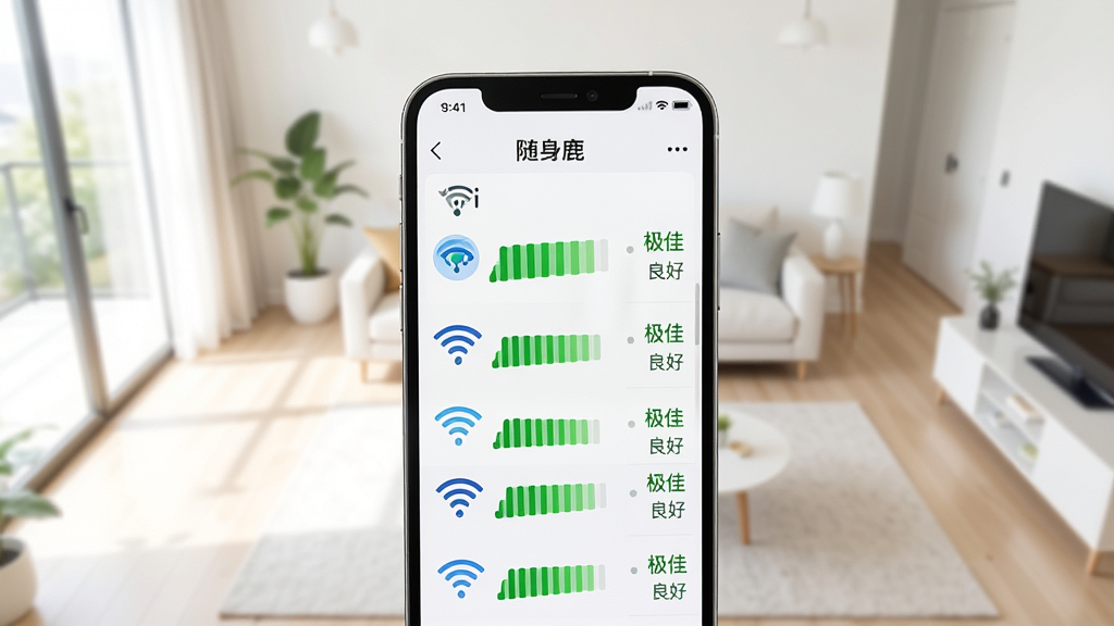 һ�Ÿ����ӽǵ�ͼƬ���ֻ���Ļ��ʾ������¹����WiFi�б����棬ÿ��WiFi�ź��Ա�����ɫ�ź�ǿ�����͡����ѡ��������á������ֱ�ǩ���������������ִ��Ҿӻ��������ʸɾ����Ű��������޶���Ԫ�ء�