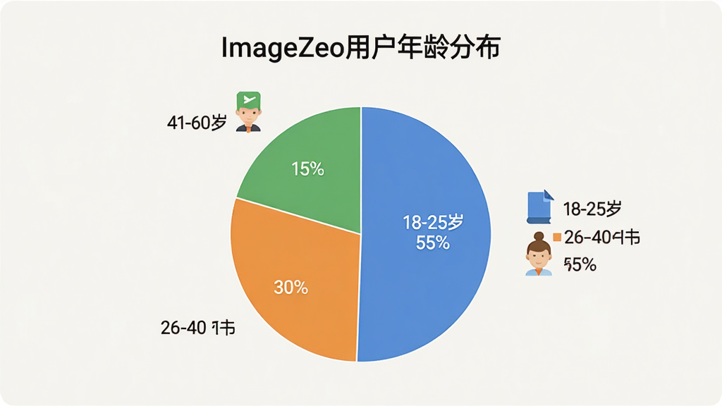 չʾImageZeo�û��������ݵ�ͼƬ������������һ����״ͼ������Ϊ��ImageZeo�û�����ֲ�������Ϊ18-25�꣨��ɫ��55%����26-40�꣨��ɫ��30%����41-60�꣨��ɫ��15%���������Σ��Ա�����Сͼ�꣬����Ϊǳɫ���������࣬�������������ʸɾ��޶���Ԫ��