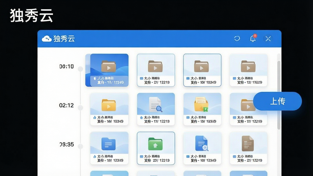主体:“独秀云”软件的云存储文件管理界面,界面左上角有“独秀云”字样。布局:中间是文件缩略图列表,右侧悬浮一个上传按钮。排版:文件以时间轴顺序排列,每个文件下方显示大小和日期。风格:清爽的蓝白配色,卡片式文件预览框。细节:文件图标清晰可辨,画面整洁,突出“独秀云”品牌,画质干净无多余元素。