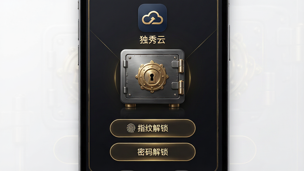 主体:“独秀云”APP的隐私保险箱解锁页面,上方显示“独秀云”图标。布局:中央是一个拟物化的保险箱图形,下方是“指纹解锁”和“密码解锁”两个按钮。排版:按钮垂直排列,间距适中。风格:深色背景搭配金色线条,营造安全高级感。细节:锁头图案精致,界面文字仅包含“独秀云”和操作提示,画质细腻干净。
