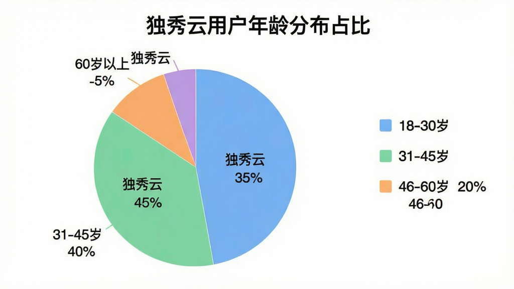主体:一张饼状图,标题为“独秀云用户年龄分布占比”。布局:图表位于画面中央,右侧有图例说明。排版:饼状图按比例显示四段颜色,分别代表18-30岁占35%,31-45岁占40%,46-60岁占20%,60岁以上占5%。风格:简洁的商务图表风格,颜色明亮柔和。细节:图表背景干净,清晰标注“独秀云”名称及比例数值,画质清晰。