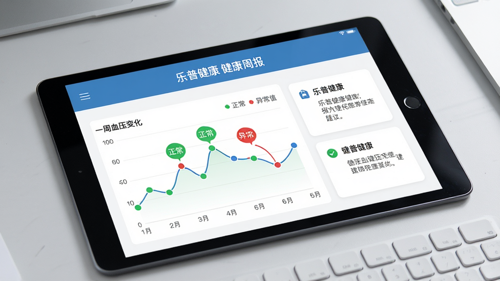 һ��ƽ����Ժ���չʾ���ս���App�ı���ҳ�棬ҳ�涥��д�š����ս��� �����ܱ������·�������ͼչʾһ��Ѫѹ�仯��������ɫ�ͺ�ɫԲ���ע�������쳣ֵ���Ҳ������ֽ��鿨Ƭ������Ϊǳ��ɫ���棬����������Ű����������ʸɾ��޶���Ԫ�ء�