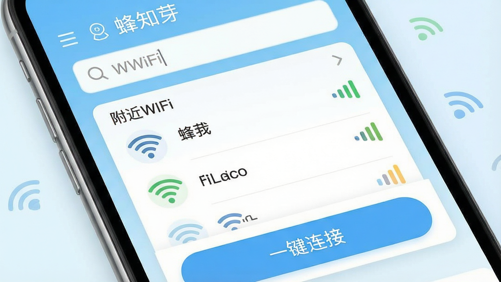һ���ֻ���Ļ��д����Ļ������ʾ����֪ѿ��App�����棬������ˬ��࣬����������WiFi��������м��Ǹ���WiFi�б���ÿ��WiFi�ź�ͼ�������ź�ǿ�ȱ�ʶ���ײ��С�һ�����ӡ���ť��������ǳ��ɫ���䣬�������ִ���ƽ��ϸ�ڸɾ��޶���Ԫ�أ����ʸ���