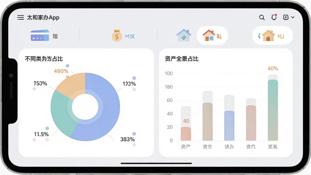 չʾ̫�ͼҰ�App���ʲ�ȫ�����ܽ��棬��Ļ����ʾ��״ͼ����״ͼ��չʾ��ͬ�ʲ����ռ�ȣ�ͼ����ɫ��ͣ�����Ϊǳ��ɫ������ͼ��������п�����Ʊ�������ȣ����沼�ּ�࣬��Ϣ�㼶�������ִ����ݿ��ӻ���񣬻��ʸɾ��޶���Ԫ�ء�