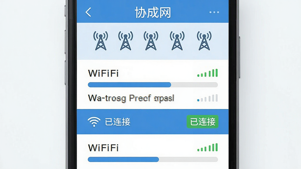 �ֻ�����չʾ��Э��������ɨ����ҳ�棬�Ϸ���һ���ź���ͼ�꣬�·��б���ʾ���WiFi���Ƽ��ź�ǿ����������һ���ȵ������ʾ�����С������ӡ���ɫ��ǩ�����沼��������������ɫ������ƽ����Ʒ��ϸ�����������ʸɾ���