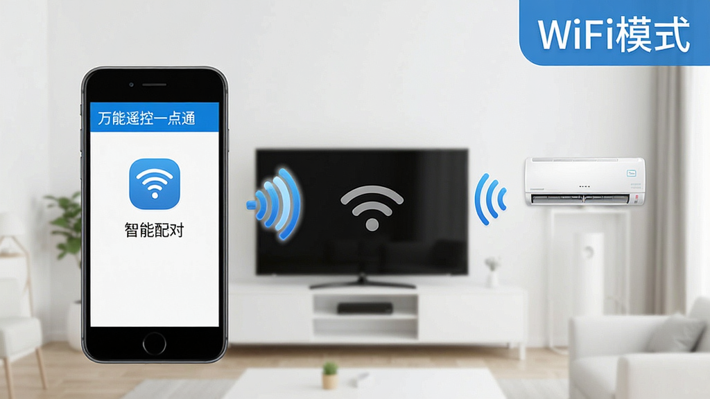 һ���ֻ���ͼ����ͼƬ��չʾ������ң��һ��ͨ����WiFi��Խ��棬ͼʾ�ֻ������ܵ��ӡ��յ�ͨ�������ź����ӣ����ϽǱ�ע��WiFiģʽ������������Ϊ��Լ�����ܼҾӳ���������������ɫ��ͼ�����������ʸɾ����޶���Ԫ�ء�