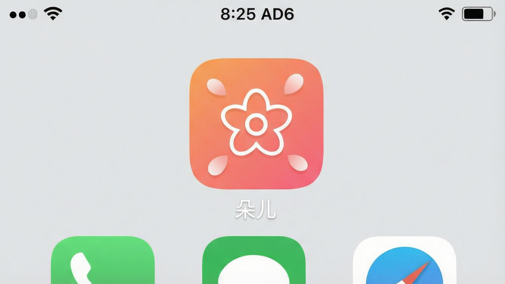 一张手机主屏幕截图,中央高亮显示名为“朵儿”的应用图标,图标风格简约扁平,以温暖的橙粉色渐变为主色调,图标中心有一个白色的小花朵轮廓,周围散落着几片花瓣。整体背景是干净的浅灰色壁纸,顶部状态栏显示时间,屏幕下方有常用的电话、短信、浏览器图标。画面构图突出应用图标,布局清晰,风格现代简洁,细节圆润,画质干净无多余元素。