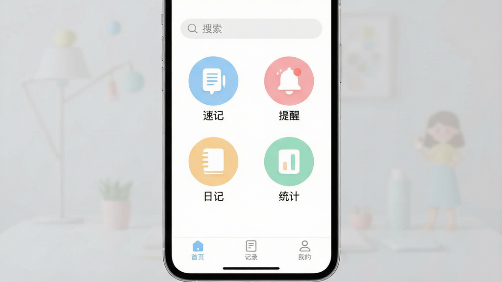 展示朵儿应用主界面的全屏截图,界面顶部为搜索栏,下方以网格状排列着四个圆形功能图标,分别标注为“速记”、“提醒”、“日记”、“统计”,每个图标都是不同的柔和马卡龙色系,背景为纯白色,界面底部有一个简洁的导航栏,仅包含“首页”、“记录”、“我的”三个文字标签。整体排版规整,风格清新扁平,细节圆润,画质干净无多余元素。