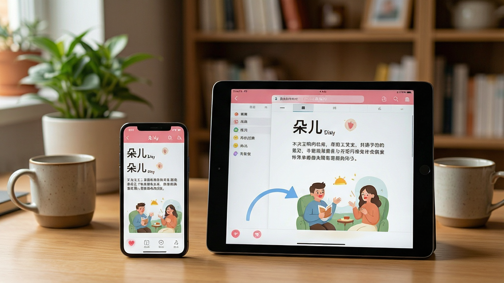 一张展示多设备协同工作的场景图,前景摆放着一部智能手机和一台平板电脑,两款设备屏幕上都打开着朵儿应用的同一篇日记编辑页面,显示相同的文字和插图。背景是温馨的书房,桌面有绿植和咖啡杯。画面突出数据同步的流畅性,布局平衡,风格日常,细节真实,画质干净,无多余元素。