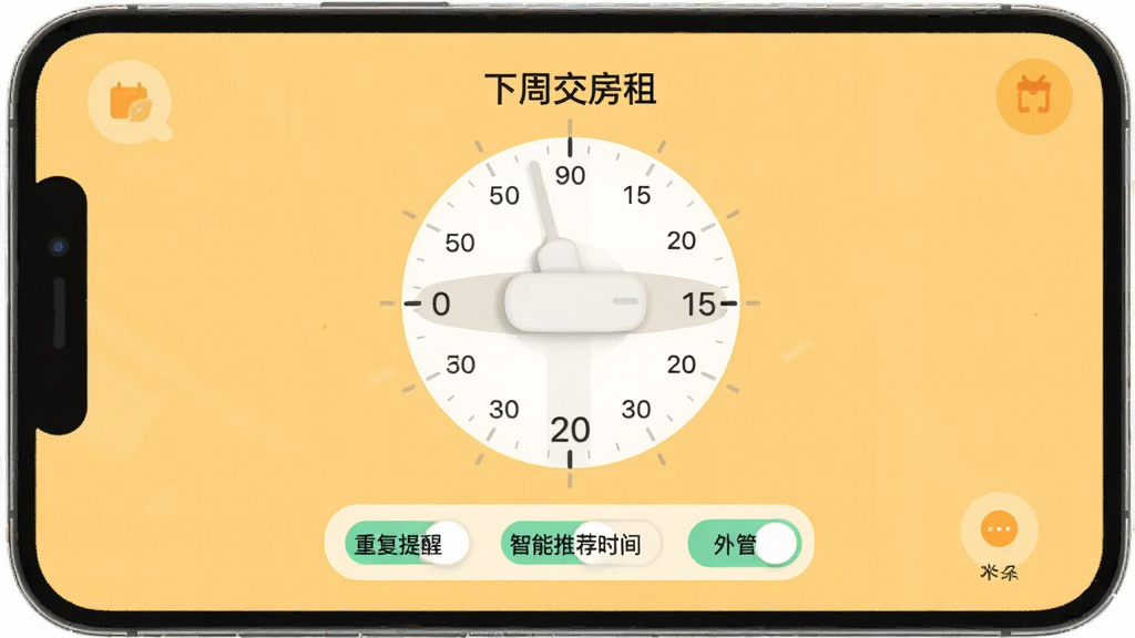 展示朵儿应用的提醒设置界面,界面中央有一个大大的时间转盘,上方显示“下周交房租”的文字备注,下方有几个开关选项,如“重复提醒”、“智能推荐时间”等,背景是柔和的暖黄色。界面简洁,操作按钮清晰可见,风格扁平,细节生动,画质干净,无多余元素。