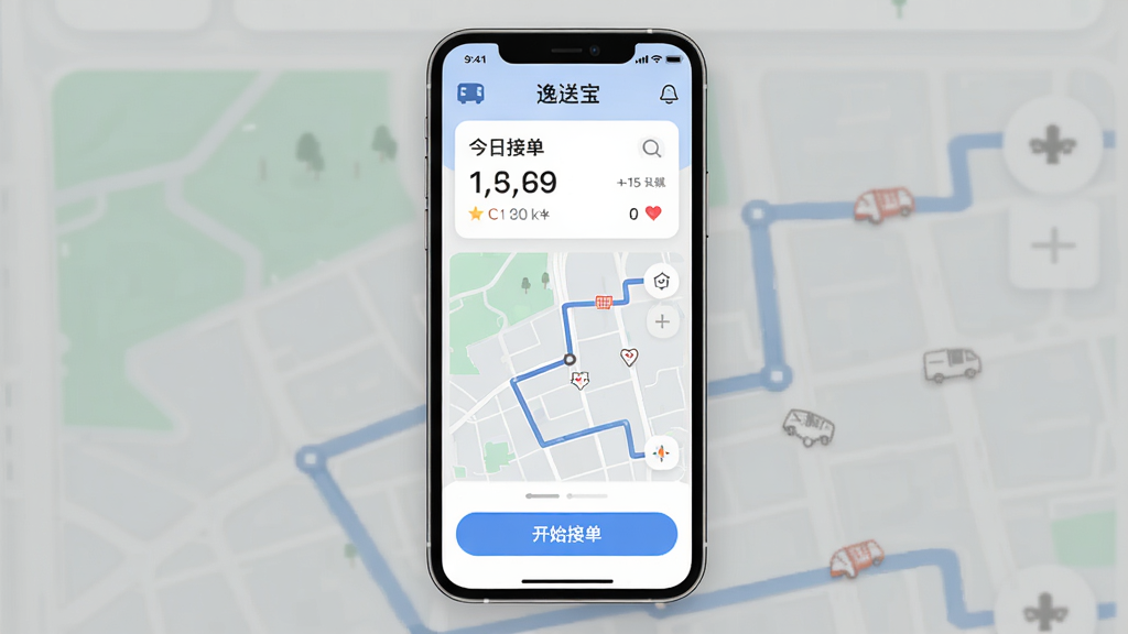 һ���ֻ�Ӧ��չʾͼ������Ϊ�����ͱ���App���������棬���ֲ������½ṹ���Ϸ���ʾ�����սӵ������ݿ�Ƭ���м�Ϊ��ͼ·��ͼ���·�Ϊ����ʼ�ӵ�����ť���Ű�ɾ�������ִ���ƽ��ϸ��Բ�󣬻��ʸɾ��޶���Ԫ�ء�