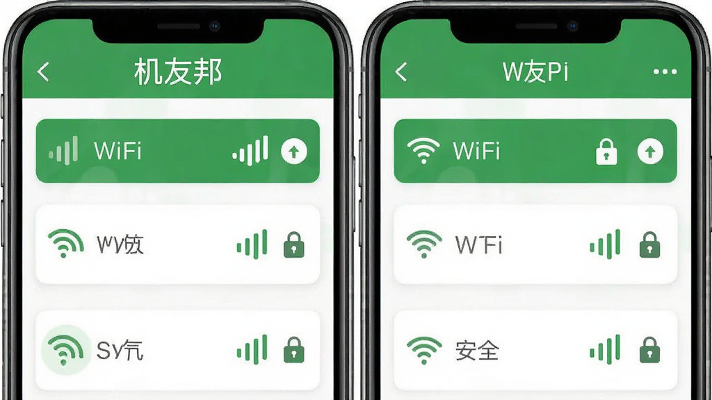�ֻ�Ӧ�ý����ͼ��չʾ������WiFi�б���ÿ�������Ա����ź�ǿ��ͼ��Ͱ�ȫ����ʶ����������ɫ�Ͱ�ɫΪ��ɫ���������С����Ѱ���������������£��Ű����룬ϸ�����������ʸߣ��ɾ��޶���Ԫ��