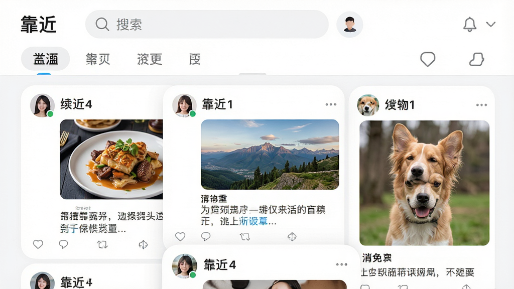 һ���罻ý�嶯̬��Ϣ�������ͼ��Ӧ������Ϊ������������Ļ�Ϸ����������ͷ����ǩ���·��Ǵ������µĿ�Ƭʽ��̬�������û�ͷ���ǳơ���ͼ���������ݣ���ͼ����ʳ���羰���������Ϊ�׵ף�������������ƬԲ�������������ִ������ʸɾ����޶���Ԫ�ء�