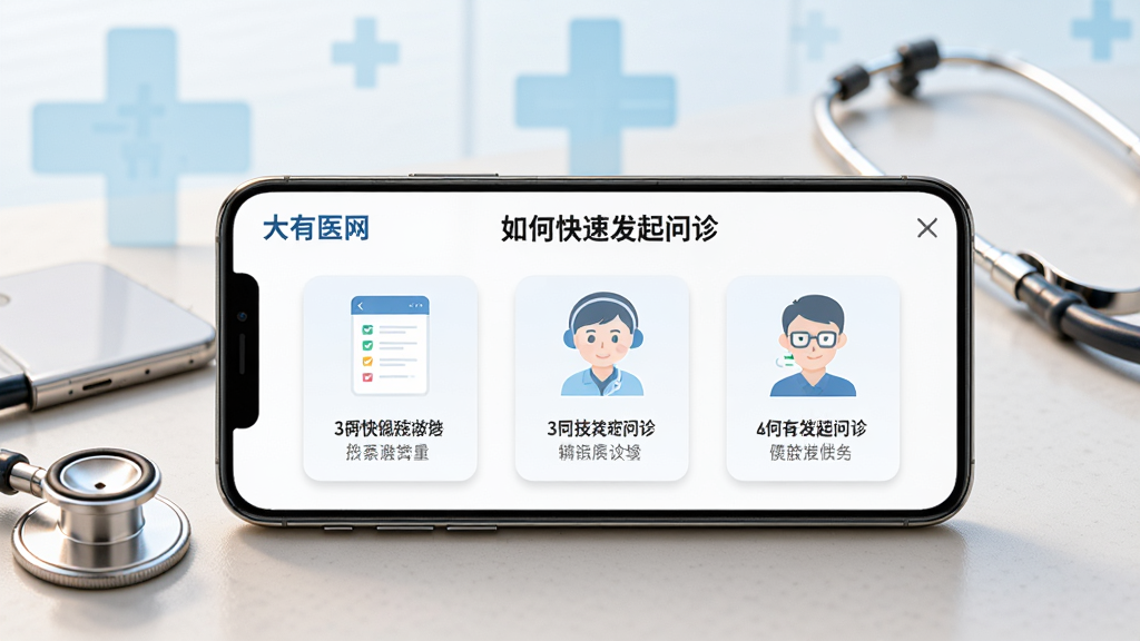 一部智能手机横屏放置在桌面上,屏幕显示“大有医网”的使用教程界面,以图文步骤形式展示“如何快速发起问诊”,旁边有手机和听诊器道具,桌面整洁,灯光柔和,背景是淡蓝色的医疗十字图标,画面清晰,重点突出操作指引,无多余元素。