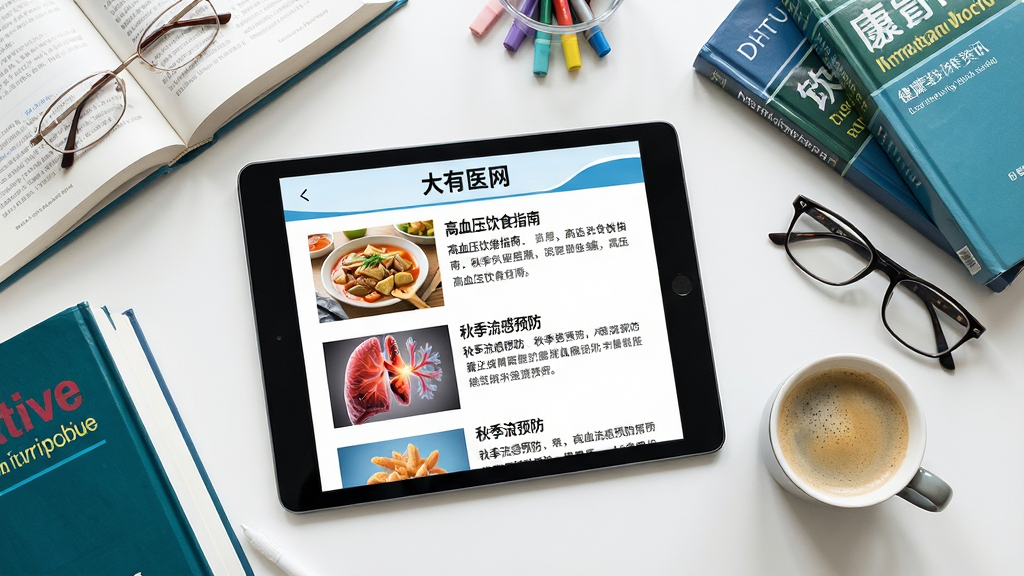 一张俯拍的桌面照片,桌面上摆放着一台平板电脑和一杯咖啡,平板电脑屏幕上显示“大有医网”的健康资讯文章列表,配图清晰,有“高血压饮食指南”、“秋季流感预防”等标题,旁边散落着几本医学书籍和一副眼镜,整体风格是明亮干净的工作台场景,充满学习氛围,细节丰富,画质高清新。