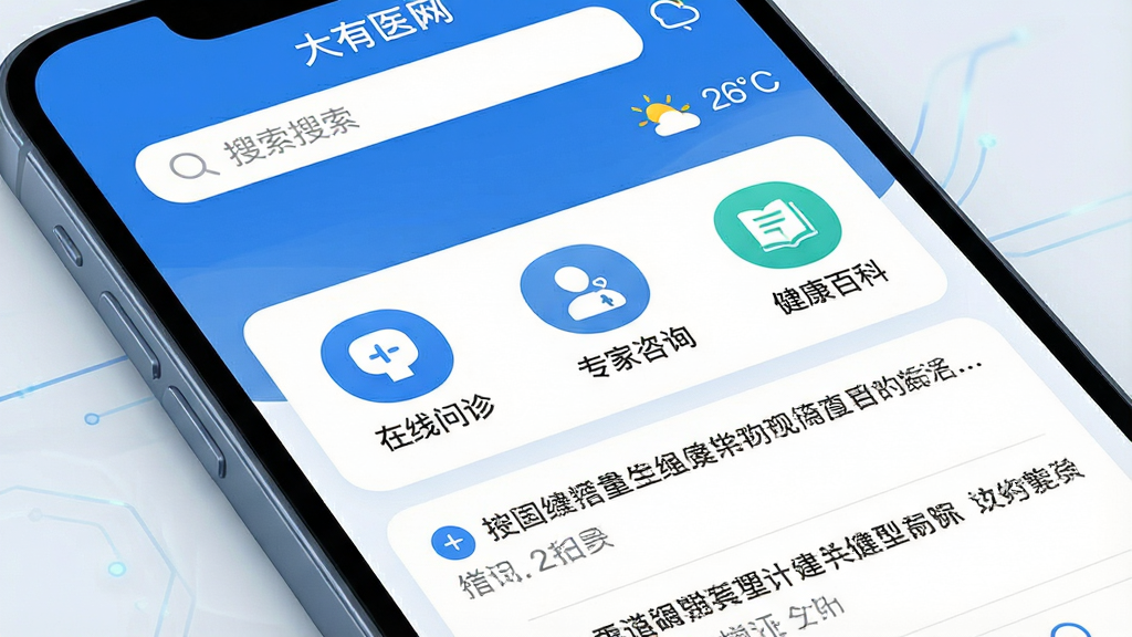 一张智能手机屏幕特写,屏幕内显示“大有医网”APP的主界面,布局清晰,上方是搜索栏和天气提示,中间是“在线问诊”、“专家咨询”、“健康百科”等功能图标,下方是资讯信息流,整体风格简洁现代,蓝白配色为主,细节圆润,画质干净无多余元素,充满科技感和信任感,主体突出,高清渲染。
