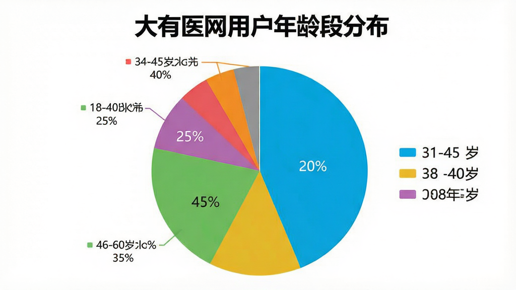 一张现代风格的饼状图,标题为“大有医网用户年龄段分布”,图中按比例展示不同年龄段用户占比,分别为18-30岁占25%,31-45岁占40%,46-60岁占35%,图表配色鲜艳明快,有图例标注,背景为白色,整体设计简洁直观,数据可视化清晰,画质高,无多余装饰。