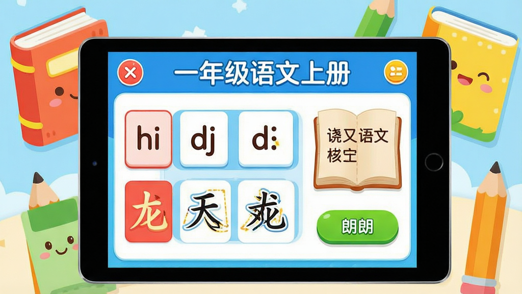 һ��ɫ������Ķ�ͯ������������ͼ������Ϊ��һ�꼶�����ϲᡱAPP�Ŀ�ͨ�����棬չʾ��ƽ�������Ļ�ϣ���Ļ����ƴ����ĸ��Ƭ�����ֱ�˳�����Ϳ����ʶ���ť������������Ϊ��ɫ������׺����̵�ѧϰͼ�꣬�����ǿɰ��Ŀ�ͨ�鱾��Ǧ��װ�Σ����岼�־��У�����ƽ����ϸ��Բ�󣬻��ʸɾ����޶���Ԫ�ء�