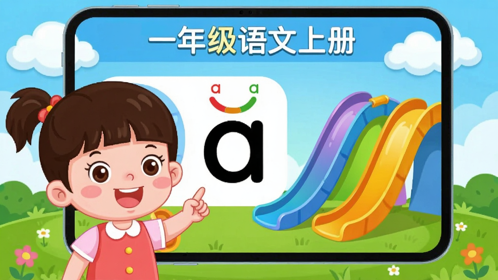 һ��չʾ��һ�꼶�����ϲᡱAPPƴ��ѧϰ���ܵĿ�ͨ�廭������������һ���ɰ��Ŀ�ͨСŮ��ָ����Ļ�ϵ�ƴ����ĸ��a������ĸ�Ա����ĸ������Ĳ�ɫ���ݣ�������������ƺͲݵأ����ͯȤ���������ֻ��ã�ϸ�ڷḻ�����ʸɾ����޶���Ԫ�ء�