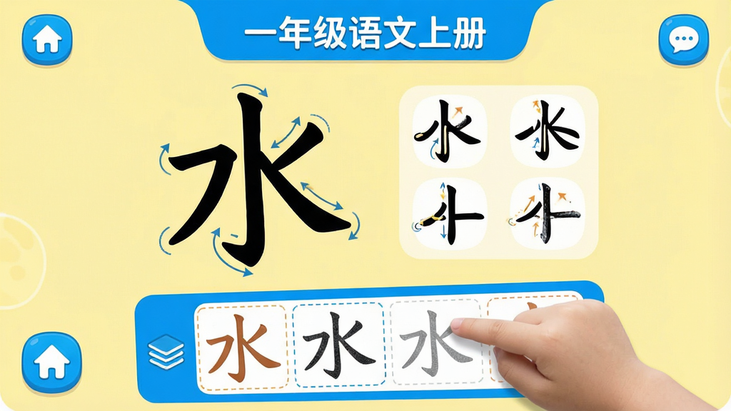 һ��չʾ��һ�꼶�����ϲᡱAPP���ֱ�˳ѧϰ���ܵĽ�ͼ��������һ�����ġ�ˮ���֣��Ա��б�˳�ֽ⶯�����·��������ϰ����һ��������ָ����Ļ����д��������ǳ��ɫΪ�ף����ܰ�ťΪ��ɫ�������������������ǿ�����ʸɾ����޶���Ԫ�ء�