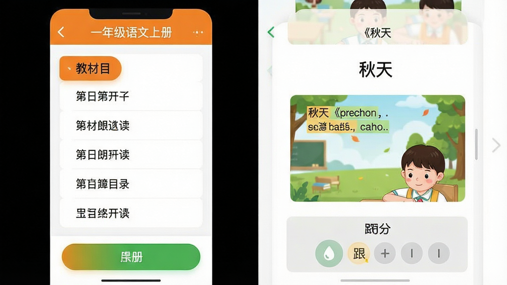 һ��չʾ��һ�꼶�����ϲᡱAPP�̲�ͬ�����ܵĽ�ͼ����������г��̲�Ŀ¼�½ڣ��Ҳ�չ�����ġ����졷���ʶ��������棬�и������Ӻ͸�����֣������࣬��������������ִ������磬�԰�ɫΪ�����������ɫ����ɫ���ܰ�ť�����ʸɾ����޶���Ԫ�ء�