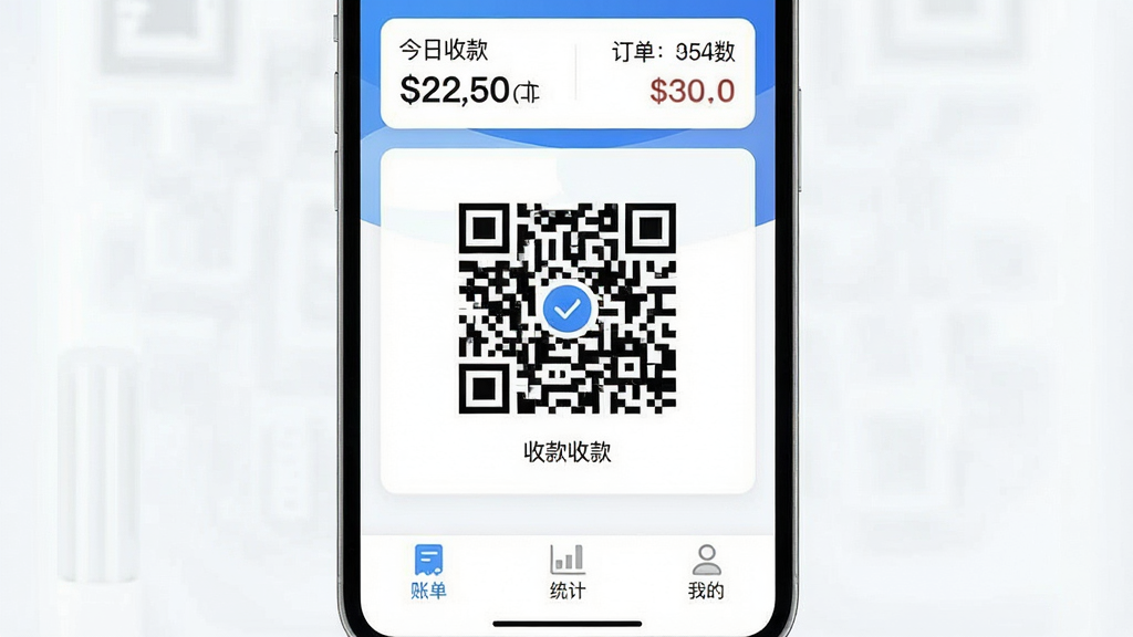 一张手机应用截图风格的图片,主体是推掌柜App的主界面,顶部显示“今日收款”金额和订单数量,中间是醒目的收款二维码,底部有“账单”“统计”“我的”三个标签栏,界面以蓝白色调为主,布局简洁清晰,文字标签明确,风格现代扁平化,细节圆润精致,画质干净无多余元素。