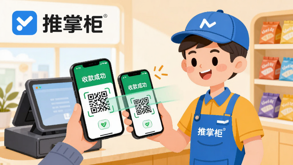 展示推掌柜扫码收款场景的插画,一名店员手持手机扫描顾客的付款码,手机屏幕上显示“收款成功”字样和金额,背景是明亮整洁的小店收银台,画风扁平卡通,色彩明快,突出“推掌柜”品牌名,画面干净无多余元素。
