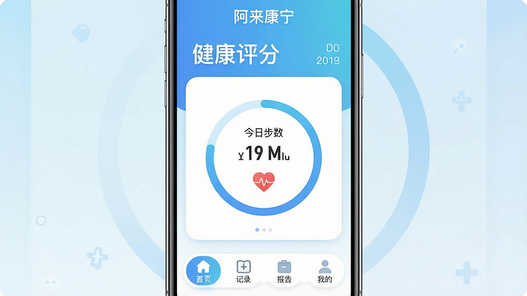 一张展示“阿来康宁”手机应用主界面的高清图片,手机屏幕居中,界面以清新的蓝白渐变为主色调,顶部显示健康评分和日期,中间用圆形进度环展示今日步数和心率,底部有四个圆角选项卡:首页、记录、报告、我的,整体风格简洁现代,扁平化设计,细节圆润,画质干净无多余元素。