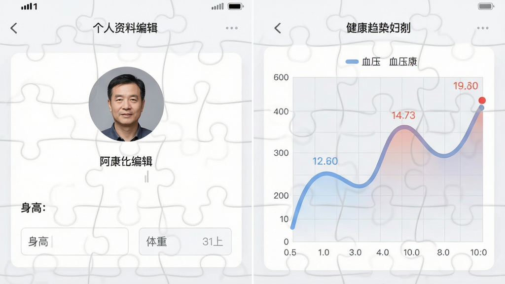 展示“阿来康宁”健康档案功能的截图拼图,左侧是个人资料编辑页面,带有头像和身高体重输入框,右侧是血压趋势折线图,图表线条圆润平滑,背景为浅灰网格,整体风格清爽简洁,扁平化UI设计,文字标签清晰,画质干净无多余元素。