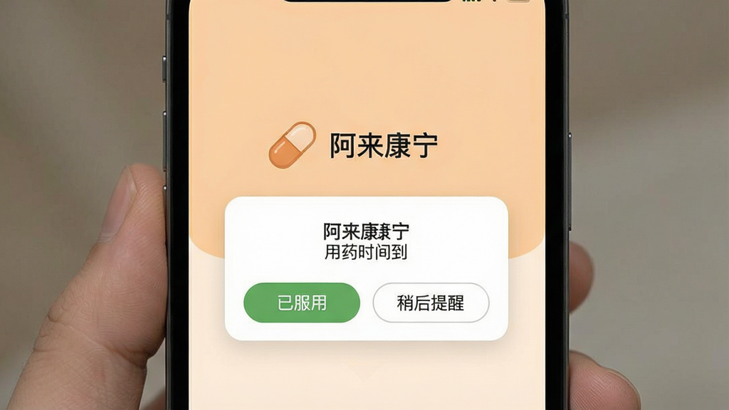 一张展示“阿来康宁”用药提醒功能的手机截图,手机屏幕中央显示一个药丸图标,旁边有“阿来康宁”文字和“用药时间到”的弹窗提醒,弹窗上有“已服用”和“稍后提醒”两个按钮,背景为柔和的浅橙色,整体风格温馨,扁平化设计,画质清晰无多余元素。