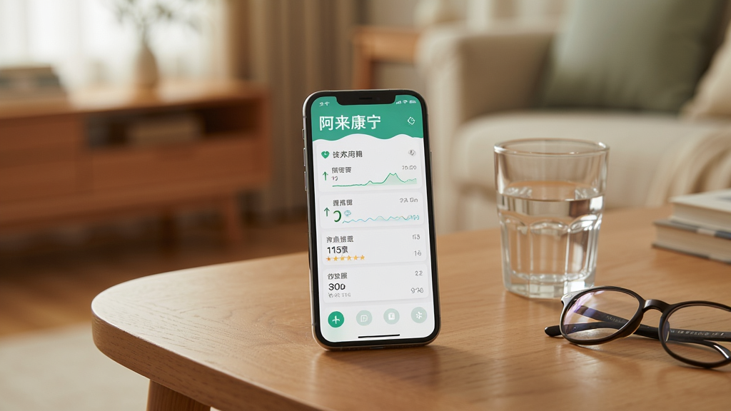 一张展示“阿来康宁”在手机上运行的照片,手机放在木质桌面上,屏幕显示健康数据列表,旁边有一杯水和一副眼镜,背景是温馨的家庭环境,光线柔和,整体画面风格自然真实,画质干净无多余元素。