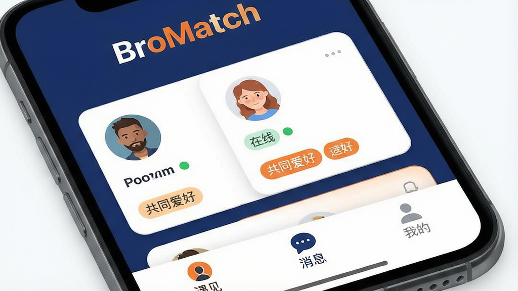 һ��չʾBroMatch�����������ĸ����ͼ���������ֻ���Ļ����Ļ����ʾBroMatch����ҳ�����������������ǡ�BroMatch������Logo���м����Ƽ��ĺ��ѿ�Ƭ������Ƭ��չʾ�û�ͷ���ǳơ�����״̬�͹�ͬ���ñ�ǩ���ײ��������С�������������Ϣ�������ҵġ�����ͼ�꣬�������ִ���ƽ��������ɫ�ͳ�ɫΪ��ɫ����ϸ��Բ�󣬻��ʸɾ����޶���Ԫ�ء�