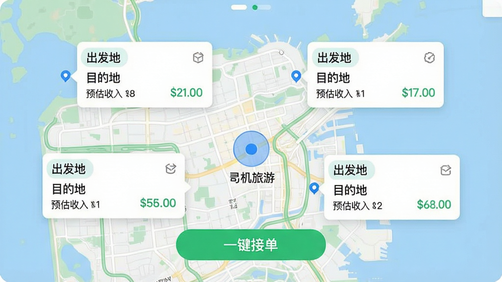 һ�š��������Ρ�APP���ɵ�����ʾ��ͼ����ͼ������ɫԲ����˾����ǰλ�ã���Χ�����������Ķ�����Ƭ��������Ƭ�ϱ�ע�������ء�����Ŀ�ĵء��͡�Ԥ�����롱�����沼�����ʣ���ɫ��һ���ӵ�����ťͻ�����������ִ���ˬ����ͼϸ�ڷḻ�����ʸ����޶���Ԫ�ء�