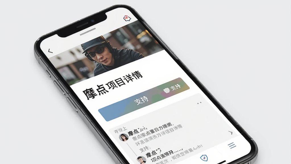 ͼƬ������һ��չʾĦ��App��Ŀ����ҳ���ֻ���ͼ��ҳ�涥������ĿͼƬ�ͱ��⣬�·��С�֧�֡���ť��������������Ϊǳ��ɫ�����岼���������ִ���ƽ��񣬻��ʸɾ���