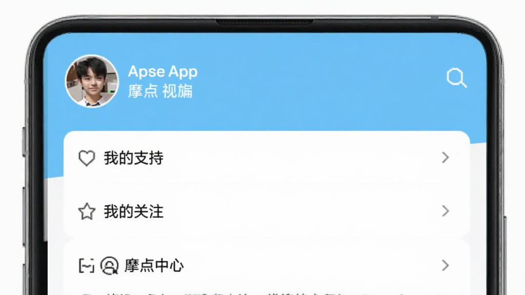 ͼƬ������һ��չʾĦ��App�������Ľ�����ֻ���ͼ���������û�ͷ����ǳƣ��·��ǡ��ҵ�֧�֡������ҵĹ�ע�����б�ѡ�����Ϊǳ��ɫ���������࣬���ʸɾ���