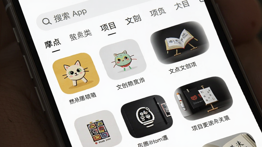 ͼƬ������һ��չʾĦ��App��Ŀ���������ֻ���ͼ���������������ͷ����ǩ���·��Ǹ����Ĵ���Ŀ��Сͼ�����У�����Ϊ��ɫ���������Լ���£����ʸɾ���