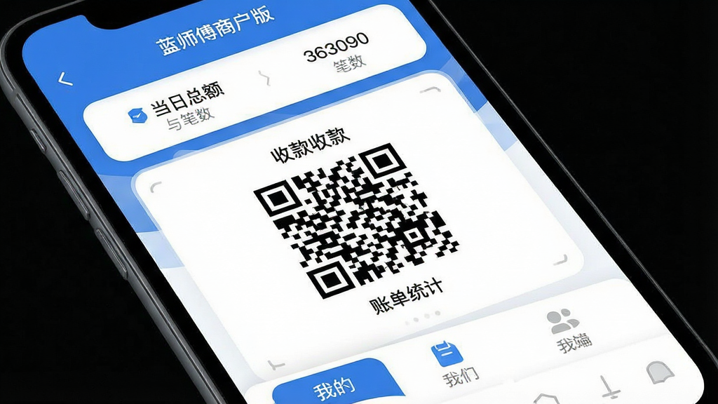 һ���ֻ�App�����ͼ���ͼƬ������Ϊ����ʦ���̻��桱�տ�ҳ�棬��������չʾ���������ܶ���������м����տ��ά�롢�ײ��˵�ͳ�ƺ��ҵ�ѡ����ִ���ƽ��ƣ�������ɫ����ϸ��Բ�󣬻��ʸɾ��޶���Ԫ��