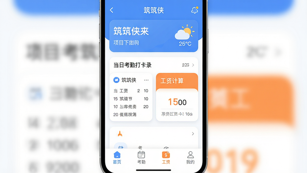 һ�������ֻ�����չʾͼ������Ϊ����������App�����棬�����Ϸ���ʾ��Ŀ���ƺ��������в�Ϊ���տ��ڴ򿨼�¼�͹��ʼ��㿨Ƭ���ײ�Ϊ����ҳ���������ڡ��������ʡ������ҵġ��ĸ�������������ִ���ƽ��������Ϊ��ɫ����ϸ��Բ�󣬻��ʸɾ��޶���Ԫ��